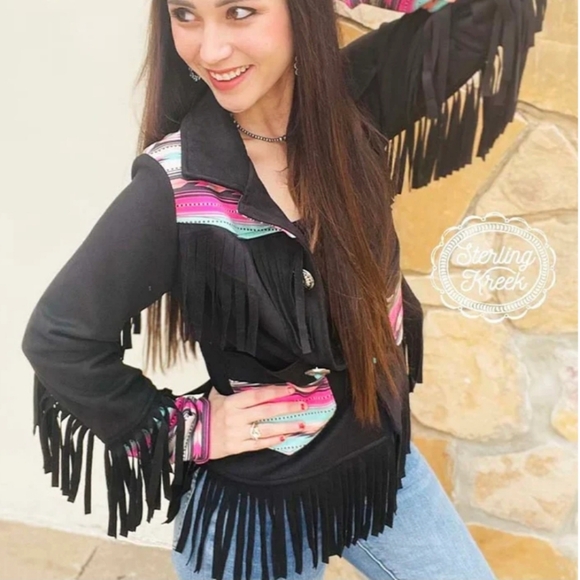 Fashion Express USA Womens Black Fringe Printed Western Jacket Size Medi… - Picture 2 of 14